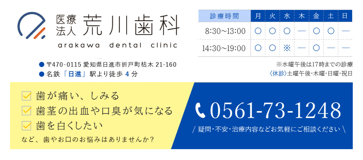 荒川歯科：8:30～13:00／14:30～19:00［休診：木曜・日曜・祝日］＊水曜の午後は17:00まで＊土曜は午前診療のみ